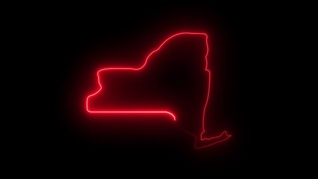 This video neon glowing color red New York map animated. Glowing neon New York map, black Background Effect 4K Video