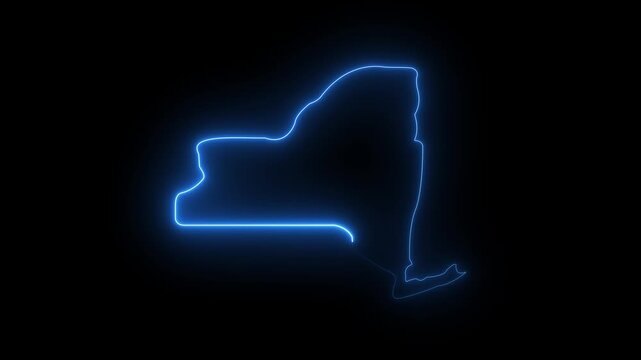 This video neon glowing color blue New York map animated. Glowing neon New York map, black Background Effect 4K Video