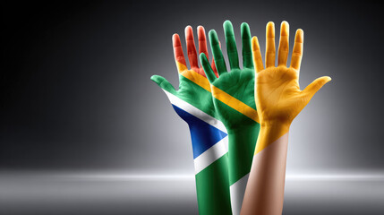 Naklejka premium Two hands painted with the South African flag, one on each palm, symbolizing unity, reconciliation, diversity, and peace for the nation and Africa Day concepts. Africa Day