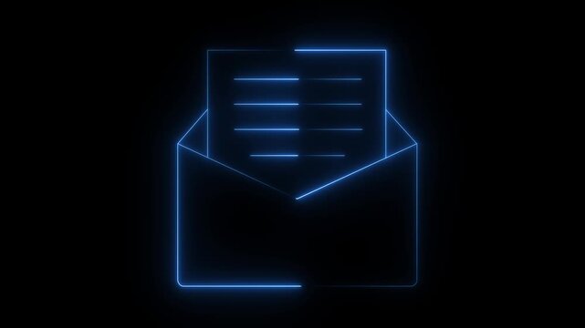 Glowing neon blue neon email illustration with document on black background communication concept.Email newsletter icon - Vertical neon outline animation. 4k video