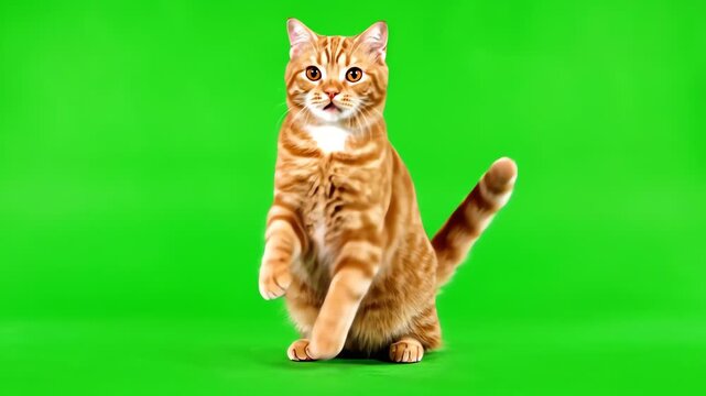 An orange tabby cat appears to be dancing on a green screen with a playful expression
