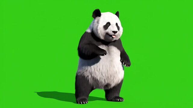 A panda bear appears to be dancing on a green screen with a playful mood and cinematic lighting