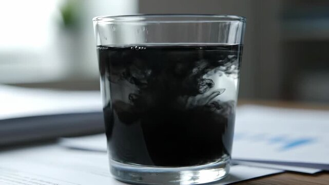 Black ink drops into a glass of water. Transitioning liquid creates abstract cloudy pattern. Chemical reaction experiment demonstrating diffusion in clear fluid vessel.