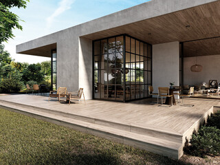 Modern luxury villa exterior in minimal scandinavian style, 3d render © yulichka