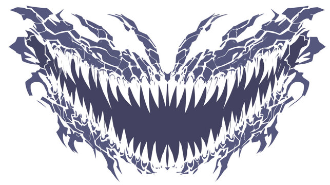 A stylized monster face with sharp teeth, jagged edges, and a dark blue/purple hue