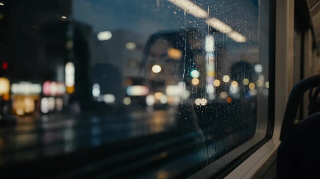 Asian woman looking out of a train window at night in the city. Reflection of girl on rainy blurred glass. Commuter watching urban lights during travel trip.