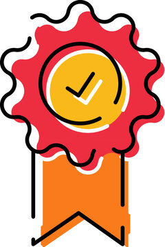 Quality guarantee badge icon featuring a red rosette with a yellow circle and checkmark. Symbolizing success. Achievement. And certification. Offering a visual representation of excellence and reward