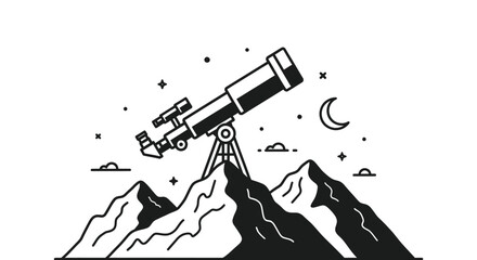 Telescope observing a crescent moon over mountains a striking silhouette © Sogir