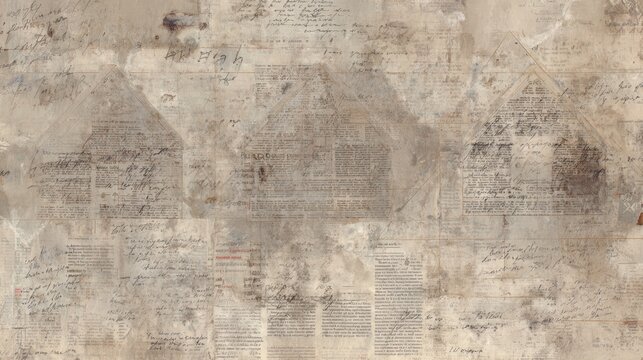 Vintage paper collage showing layered textures of aged manuscripts, printed newspaper text, faded historical handwritten letters, and abstract house outlines in a sepia toned grunge background