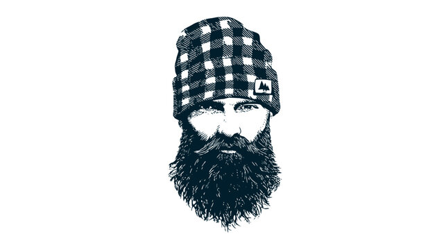 A man with a full beard and a checkered beanie hat, depicted in a digital black and white illustration
