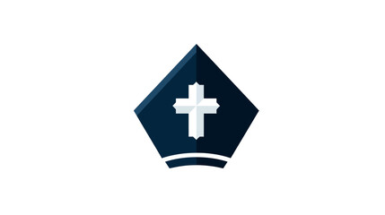 Obraz premium A geometric navy blue and white emblem features a prominent cross within a unique, faceted shape