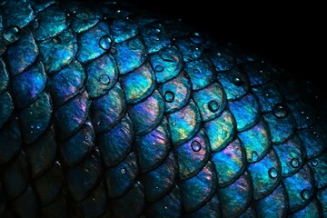 Close-up macro texture of vibrant iridescent scales glistening with fresh water droplets, creating a colorful, holographic, and magical surface pattern