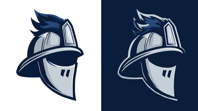Stylized side view of a knight's helmet in shades of blue and gray, in two different backgrounds