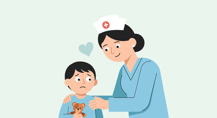 Fototapeta premium Caring nurse comforts sad child with teddy bear, healthcare, empathy, medical support