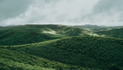 Framing shrub-covered ridge in rolling green hills with winding footpaths under cloudy sky