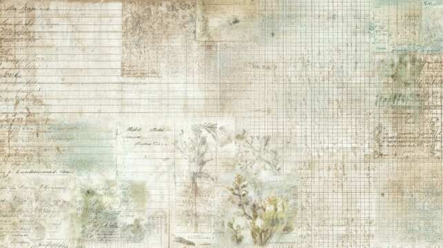 Faded antique ledger and botanical collage with handwritten script, grid lines and layered parchment textures for rustic, distressed backgrounds, stationery and vintage designs