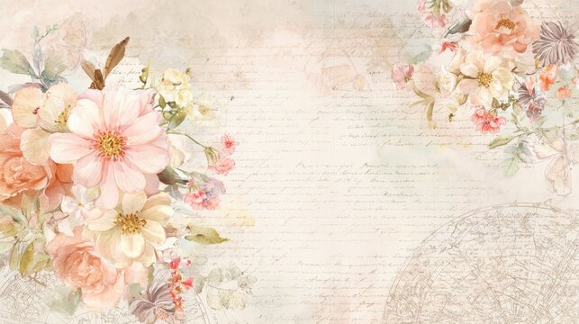 Watercolor floral arrangement of pastel roses and delicate leaves on textured vintage paper with faded handwritten script and antique map accents for elegant designs