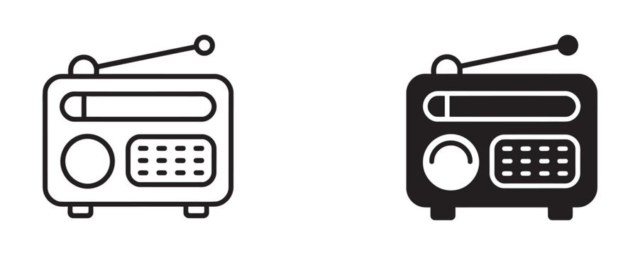 Retro Radio Icon Set, line, glyph, outline, filled, vector, old, antenna, linear, pictogram, symbol, logo, vintage, broadcast, audio, device, communication, media, technology, illustration