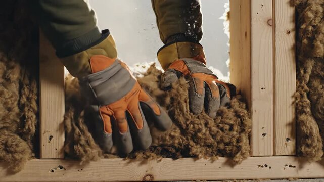 Builder installing mineral wool insulation into wooden wall frame. Professional worker placing insulating material between studs for thermal home renovation project.