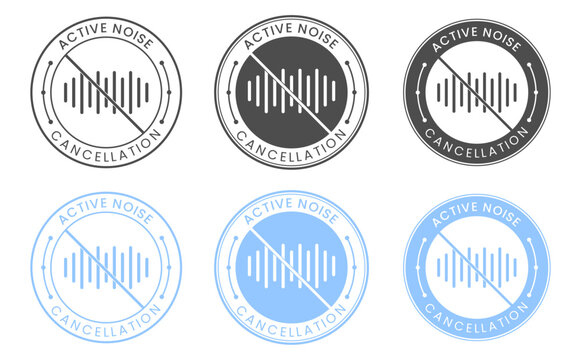 Active Noise Cancellation Badge Icon Set - Round Audio Sound Wave Mute Symbol Vector Graphics