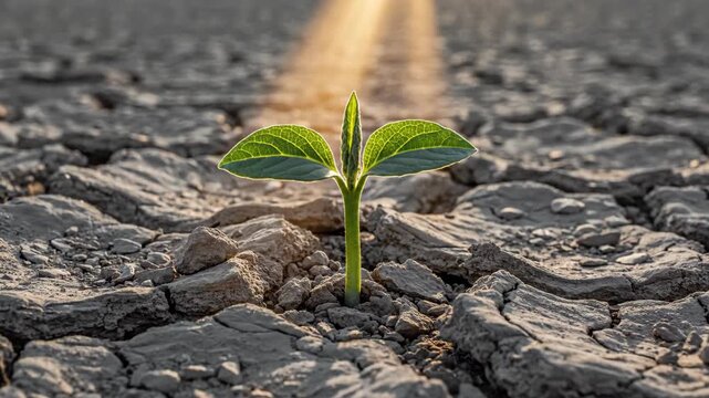 Small green sprout growing from cracked dry earth. Seedling emerging on parched land in sunlight. Symbol of life, hope, resilience and environmental recovery.