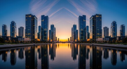 Fototapeta premium Modern city skyline reflected in calm water under blue and orange sky