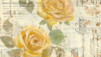 Delicate yellow roses on a vintage layered paper collage of antique sheet music, handwritten letters, postal stamps and coffee stains for a nostalgic shabby chic background