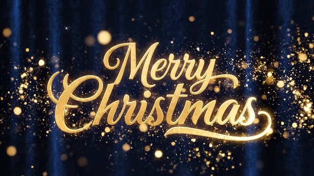 Golden Merry Christmas message on dark blue velvet background with sparkles