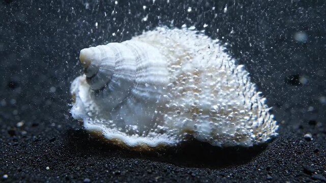 Sea shell submerged in dark water creates oxygen bubble. Marine life underwater sequence showing shell surface aerating. Natural ocean environment aquatic concept.