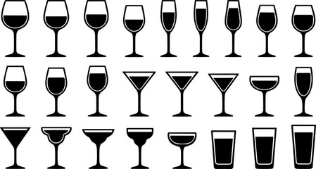 Drinking glasses silhouette icon vector illustration set featuring wine, martini, cocktail, and shot glass designs © Umme