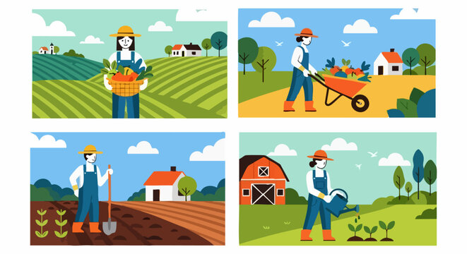 Set of 4 vector illustrations depicting farmers working in fields, harvesting crops, tilling soil, and watering plants, ideal for agriculture and farming concepts.