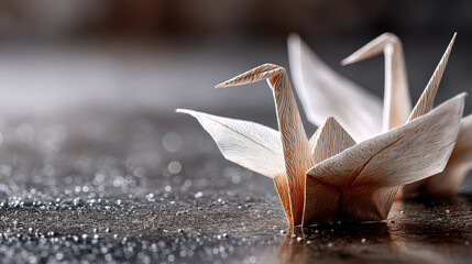 Fototapeta premium White origami cranes creating a symbol of hope and peace, expressing wishes for harmony, remembrance, and health on a sparkling, reflective surface