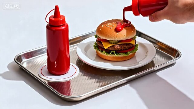 Hamburger with ketchup on tray
