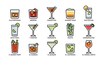 Illustrated icon set of classic cocktails in glasses with garnishes