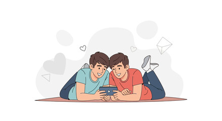Obraz premium Two young men lying down, watching a video on a smartphone, hearts and envelopes in background