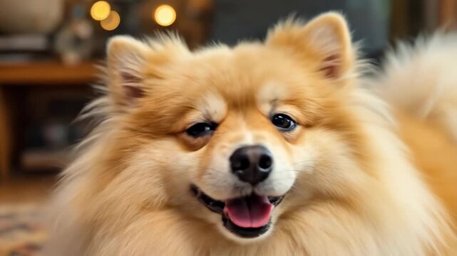A cheerful Pomeranian dog enjoying a cozy indoor atmosphere.
