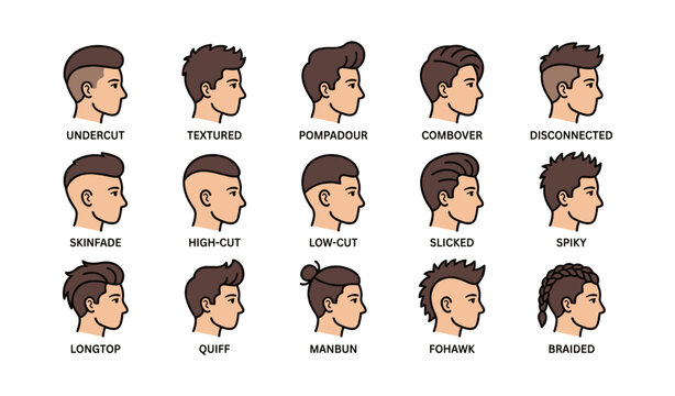 Various male haircut styles illustrated from side view