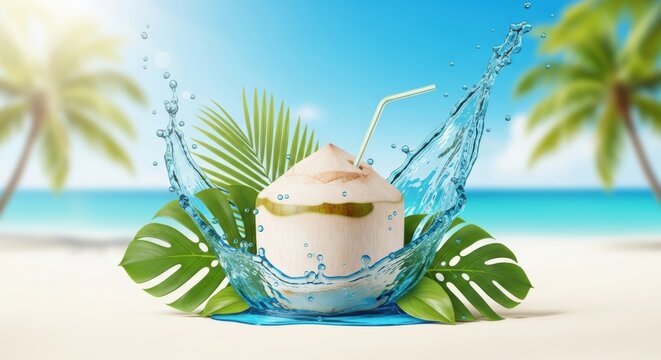 Fresh Young Coconut with Straw and Water Splash on Tropical Beach Background - Cocos nucifera