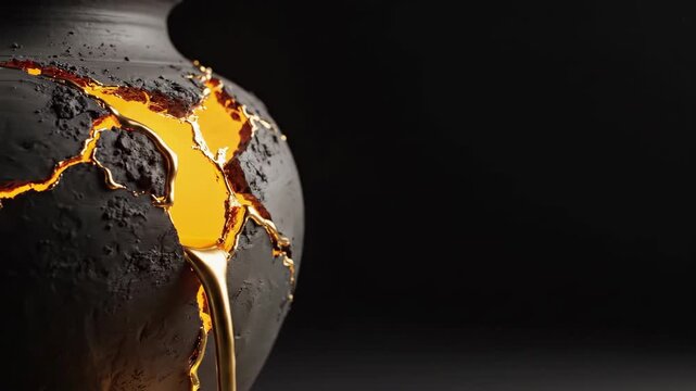 Kintsugi pottery style with liquid gold flowing from cracked dark ceramic vase. Artistic restoration concept representing beauty in repair and imperfection theme.