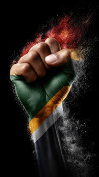 African youth raising fist, showing unity and solidarity, celebrating Africa Day with pan African colors representing decolonization, liberation, and self determination for Black empowerment. Africa D