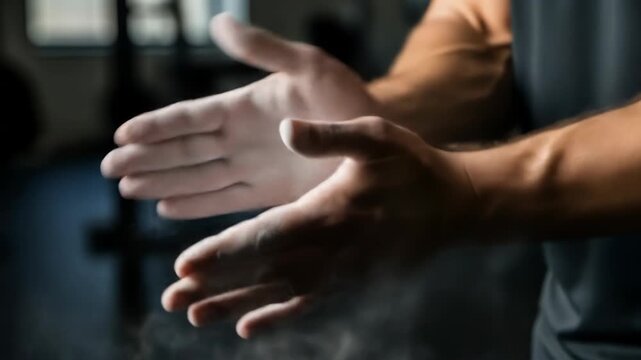 A close-up view of hands clapping, creating a cloud of white powder; a person prepares for activity