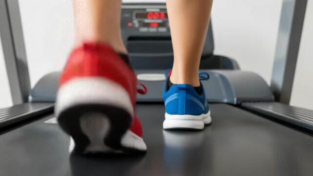 A person walks on a treadmill. Red and blue sneakers move on a dark belt under legs.  Digits on the console are red. White background