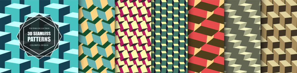 Collection of seamless geometric 3d abstract patterns. Bright color isometric optical structure repeatable vector backgrounds. Decorative blocks and cubes endless textures. Art modern design