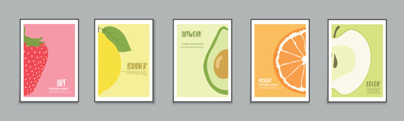Collection of colorful summer posters, templates, backgrounds placards, brochures, banners, flyers and etc. Bright fruits artwork covers. Vibrant tropical cards