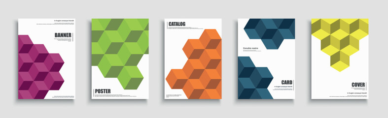 Collection of color geometric covers, templates, backgrounds, placards, brochures, banners, flyers. Abstract print with 3d geometric cube shapes for business or creative design projects