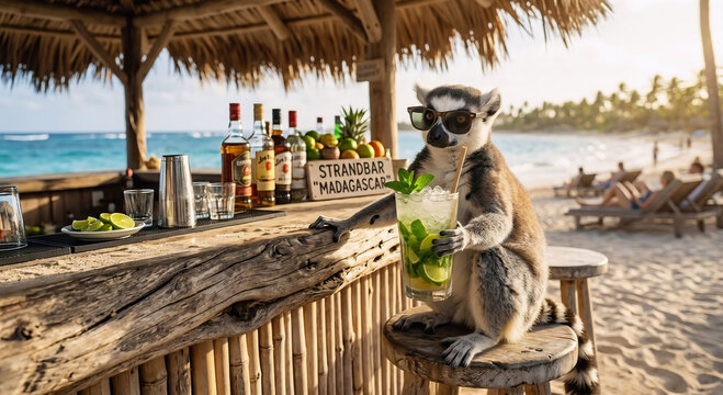 Lustiger Kattas-Lemur mit Sonnenbrille und Mojito an einer tropischen Strandbar auf Madagaskar