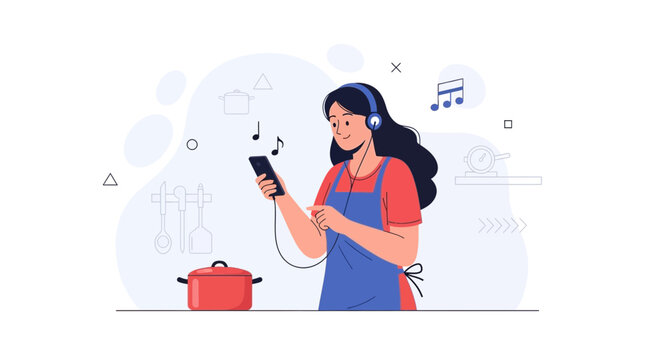 Woman Listening to Music While Cooking, Enjoying Kitchen Time