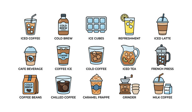 Variety of cold coffee drinks and accessories including iced latte and cold brew