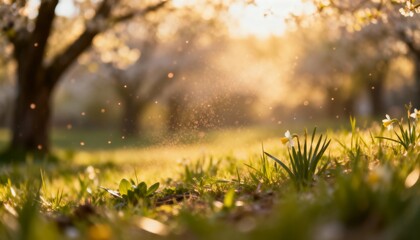 Obraz premium Focusing white-yellow daffodil-like cluster in grass, showing pollen and sunlit bokeh, copy space
