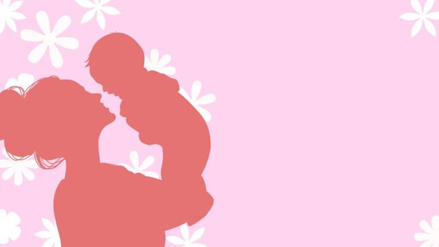 Mother baby silhouette, 2D vector animation of a mom lifting her infant on a pink floral background, seamless loop with right side copy space.